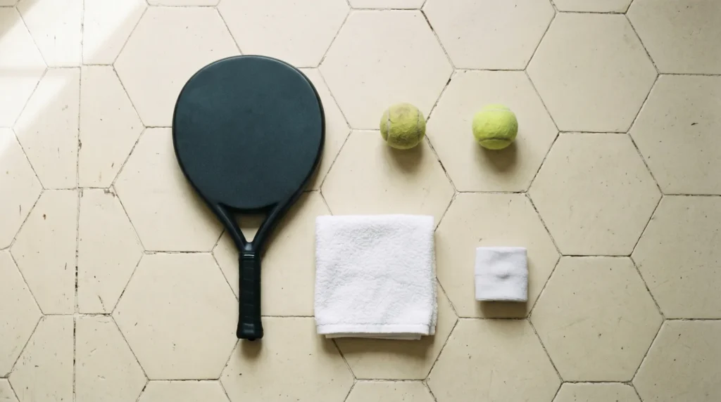 Kit du débutant padel posé à plat raquette ronde deux balles et accessoires