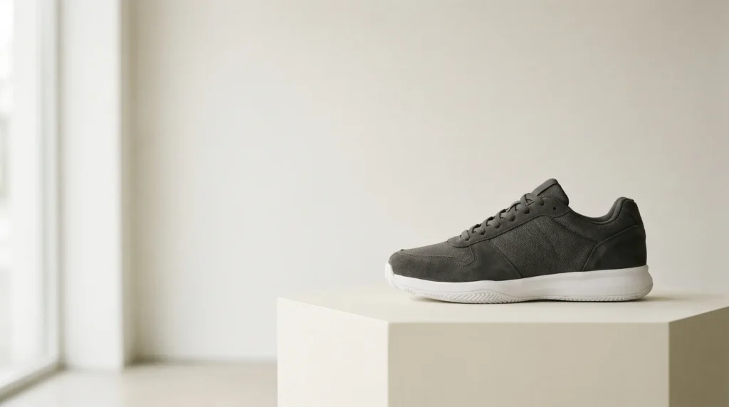 Chaussure de padel charcoal vue de profil sur fond crème editorial