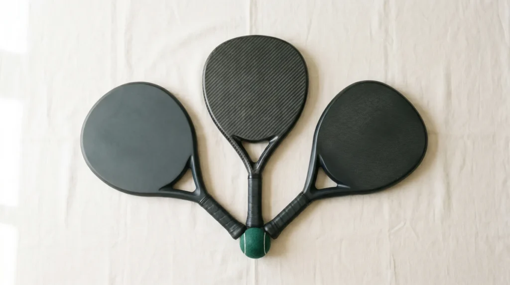 Trois raquettes padel ronde poire diamant arrangées en éventail vue du dessus