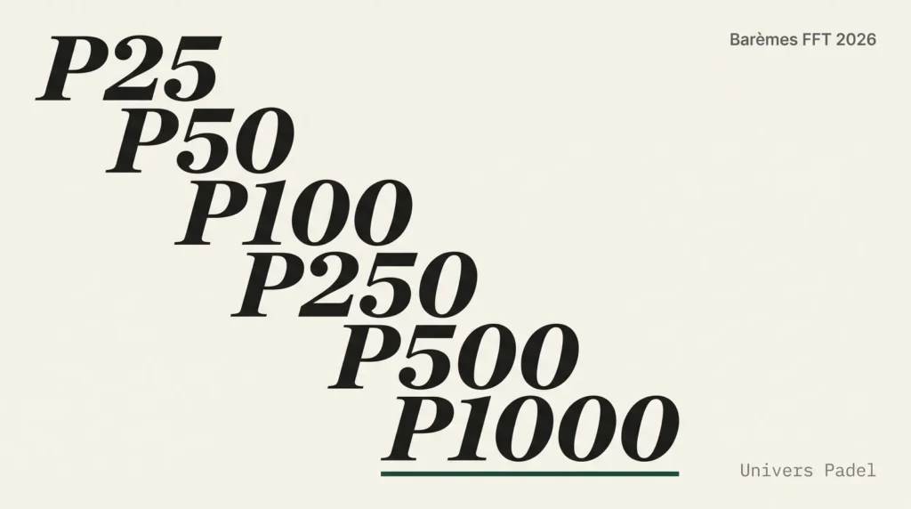 Typographie éditoriale des catégories barèmes FFT 2026 P25 P50 P100 P250 P500 P1000