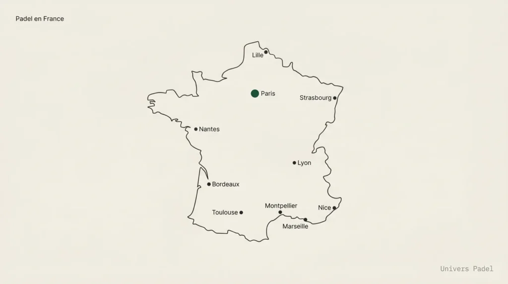 Carte France stylisée montrant les principales villes du padel