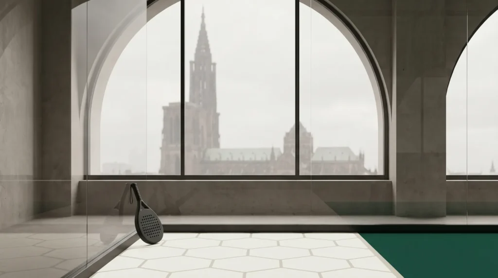 Cathédrale Strasbourg gothique avec court padel indoor moderne