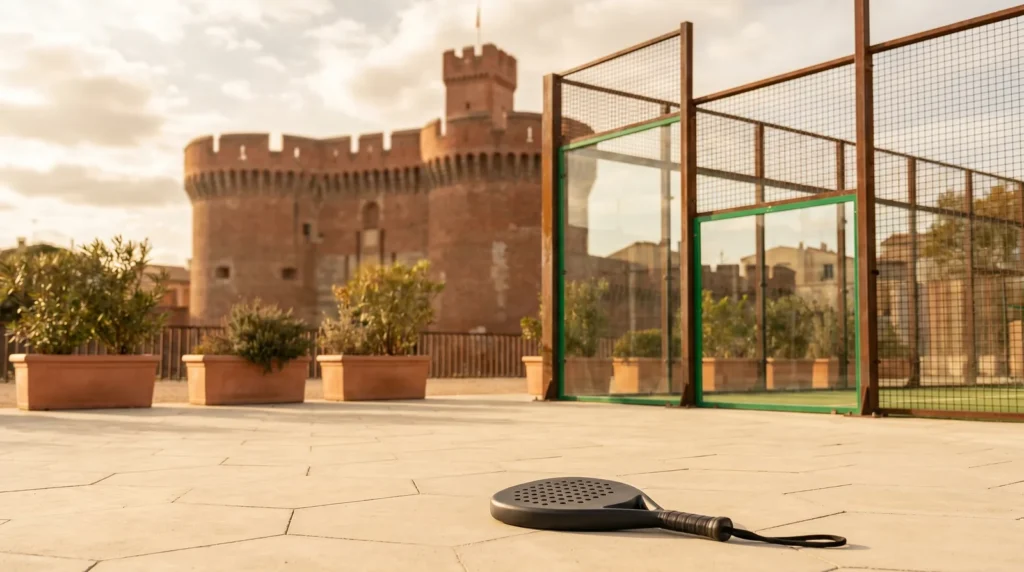 Castillet Perpignan brique rouge avec court padel terre catalane