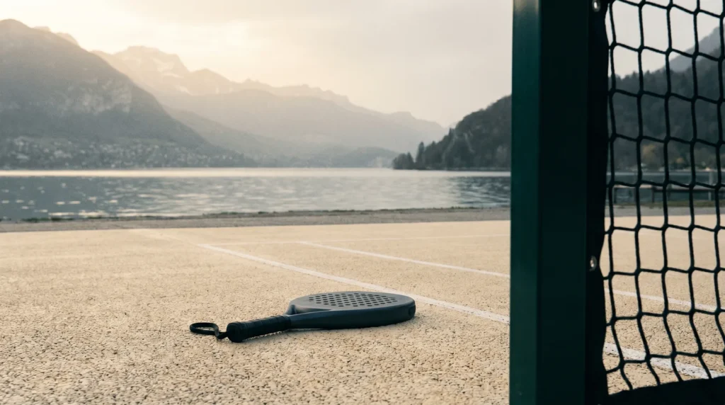Lac Annecy alpine background avec court padel et raquette charcoal