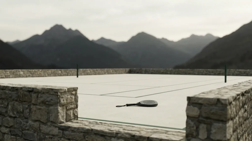 Pyrénées en arrière-plan Pau avec court padel et atmosphère alpine