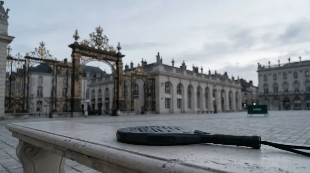 Place Stanislas Nancy au crépuscule avec raquette padel sur banc en pierre
