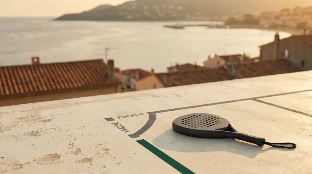 Baie Ajaccio Corse golden hour avec court padel outdoor cream