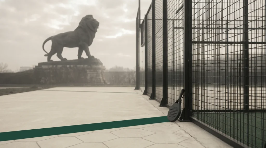Lion de Belfort silhouette monumentale avec court padel moderne