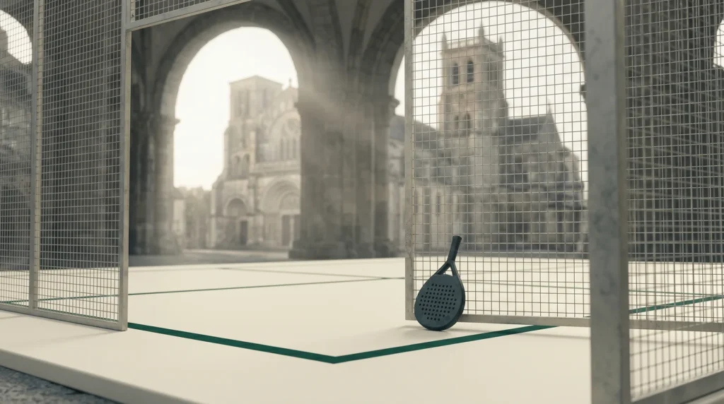 Cathédrale romane Autun en arrière-plan avec court padel moderne