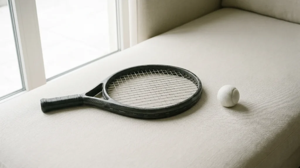 Raquette padel forme diamant teardrop flat lay avec balle blanche