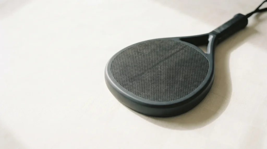Raquette padel charcoal carbone vue éditoriale sur fond crème