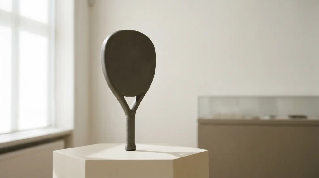Raquette padel forme couronne distinctive sur plateforme cream museum