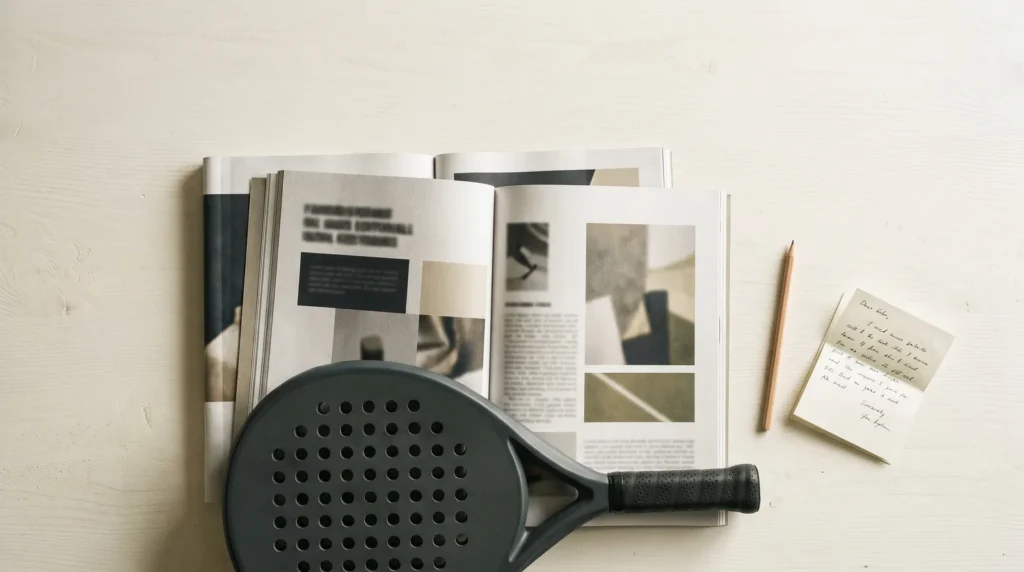 Magazines éditoriaux ouverts sur table cream avec raquette padel